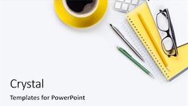  Presentation with top view - Slide deck featuring yellow - white office desk with computer background and a sky blue colored foreground