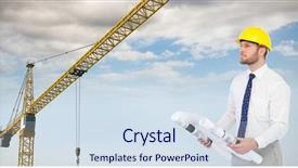  Presentation with mobile crane on a road - Audience pleasing presentation design consisting of yellow animation - architect holding blueprint by crane backdrop and a sky blue colored foreground