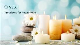  Presentation with life memorial candle light - Slide set enhanced with yellow aroma - still life with spa candles background and a sky blue colored foreground