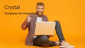  Presentation with cheerful - Cool new slides with yellow background holding laptop computer backdrop and a gold colored foreground