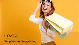  Presentation with happy image - Colorful presentation theme enhanced with yellow background holding shopping bag backdrop and a gold colored foreground