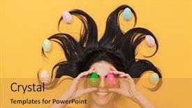  Presentation with happy image - Slide set consisting of yellow background over easter eggs background and a gold colored foreground