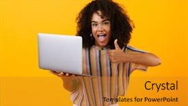  Presentation with happy image - Beautiful PPT theme featuring yellow background using laptop computer backdrop and a gold colored foreground