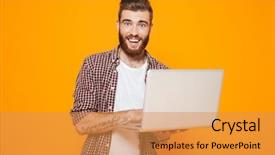  Presentation with cheerful - Theme consisting of yellow background using laptop computer background and a gold colored foreground