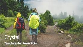  Presentation with walking trail - Presentation theme having yellow backpack in rainy weather background and a violet colored foreground