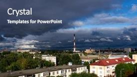  Presentation with factory - Presentation theme having yellow brick road - city outdoor factory chimneys background and a ocean colored foreground