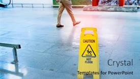  Presentation with caution - Amazing presentation design having yellow caution wet floor sign on wet floor backdrop and a light blue colored foreground
