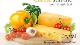  Presentation with fresh fruits vegetables dairy meat - Beautiful theme featuring yellow cheese with fresh vegetables backdrop and a yellow colored foreground
