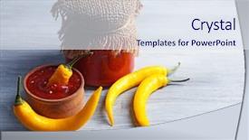  Presentation with peppers - Presentation design with yellow chili peppers and tomato sauce on light wooden background background and a sky blue colored foreground
