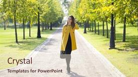 Presentation with sad woman walking - Presentation theme having yellow coat walking autumn street background and a lemonade colored foreground