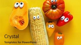  Presentation with funny - Colorful slide set enhanced with yellow comic - funny vegetables backdrop and a gold colored foreground
