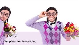  Presentation with tulips - Presentation theme with yellow comic - man holding tulips isolated background and a lilac colored foreground