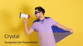  Presentation with yellow color - PPT theme consisting of yellow comic - young man in superhero costume background and a gold colored foreground