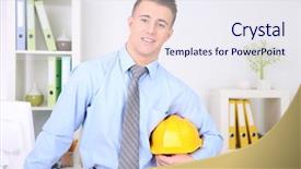  Presentation with office farewell - Presentation consisting of yellow computer folder - confident young architect at office background and a  colored foreground