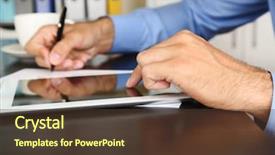  Presentation with teachers working around a table - Theme having yellow computer folder - man working on tablet background and a  colored foreground