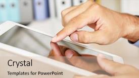  Presentation with tablet - Colorful PPT theme enhanced with man growing and nurturing backdrop and a light blue colored foreground.