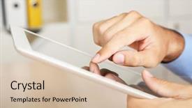  Presentation with tablet - Amazing presentation theme having yellow computer folder - man working on tablet backdrop and a  colored foreground