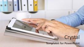  Presentation with tablets wood table tablet white - Cool new PPT theme with yellow computer folder - man working on tablet backdrop and a  colored foreground