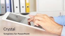  Presentation with tablet - Colorful PPT theme enhanced with yellow computer folder - man working on tablet backdrop and a  colored foreground