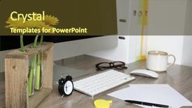  Presentation with workplace - Slide set enhanced with yellow computer folder - workplace in modern room background and a tawny brown colored foreground