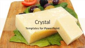  Presentation with white cheese - Theme having yellow edam cheese on wooden platter with olives and tomato isolated over white background background and a blonde colored foreground