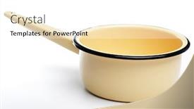  Presentation with enamel - Slide deck with yellow enamel sauce pan isolated on white background background and a white colored foreground