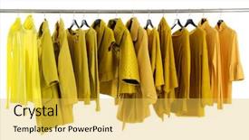  Presentation with award show arrival - Presentation having hanging greens - yellow female jacket on hangers background and a yellow colored foreground