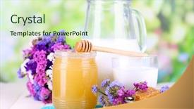  Presentation with dark vintage wood table texture - Slide set enhanced with yellow fever - honey and milk on wooden background and a soft green colored foreground