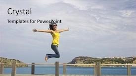  Presentation with beach - Theme consisting of yellow gradiant - young and beautiful woman jumping background and a  colored foreground