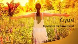  Presentation with sunlight - Colorful slide set enhanced with yellow green - sunlight outstretched female with bunch backdrop and a gold colored foreground