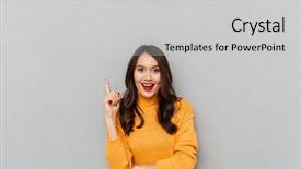  Presentation with happy barber client - PPT theme consisting of yellow grey - happy brunette woman in sweater background and a light gray colored foreground