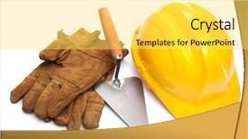  Presentation with old school punk rock leather - Cool new theme with yellow hardhat and old leather gloves isolated on white background backdrop and a yellow colored foreground