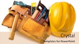  Presentation with construction tools - PPT theme with yellow helmet and different tools background and a gold colored foreground
