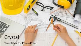  Presentation with hand tools - Theme with yellow helmet and drawing background and a soft green colored foreground