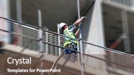  Presentation with scaffolding - Presentation theme having yellow jacket - construction worker tightens clamp background and a  colored foreground