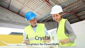  Presentation with building construction - Audience pleasing presentation theme consisting of yellow jacket - construction workers meeting on building backdrop and a  colored foreground