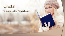  Presentation with reading - PPT theme featuring yellow journalism - happy blond woman reading background and a  colored foreground