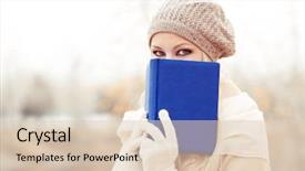  Presentation with child girl reading a book - Slides enhanced with yellow journalism - happy blond woman reading background and a  colored foreground