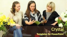  Presentation with black women - Colorful presentation enhanced with yellow journalism - three young women sit backdrop and a tawny brown colored foreground