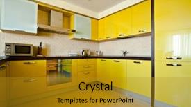  Presentation with flat - PPT theme featuring yellow kitchen interior in modern background and a gold colored foreground