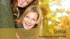  Presentation with teenage - Cool new presentation theme with yellow leaves - beautiful teenage girls having fun backdrop and a gold colored foreground