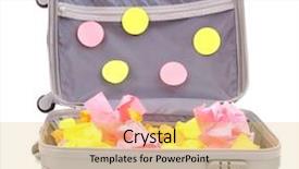  Presentation with scroll paper isolated on white - Colorful slide deck enhanced with yellow legal pad - open suitcase with paper stickers backdrop and a  colored foreground