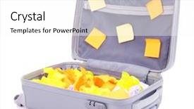  Presentation with scroll paper isolated on white - Slide set with yellow legal pad - open suitcase with paper stickers background and a white colored foreground