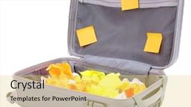  Presentation with suitcase - Presentation theme consisting of yellow legal pad - open suitcase with paper stickers background and a yellow colored foreground