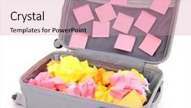  Presentation with yellow legal pad - PPT theme with yellow legal pad - open suitcase with paper stickers background and a coral colored foreground
