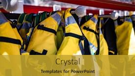  Presentation with water rescue - PPT theme with yellow-life-vests-for-people background and a gold colored foreground