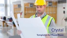  Presentation with workshop - Beautiful presentation design featuring yellow man - casual architect against workshop backdrop and a sky blue colored foreground