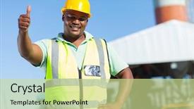  Presentation with happy anniversay work - Presentation design featuring yellow man - happy african construction worker giving background and a soft green colored foreground