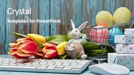  Presentation with shopping trolley - Slide deck with purchasing computers - colored easter eggs in shopping background and a seafoam green colored foreground