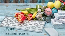  Presentation with purchasing - Audience pleasing slide deck consisting of purchasing computers - colored easter eggs in shopping backdrop and a light blue colored foreground